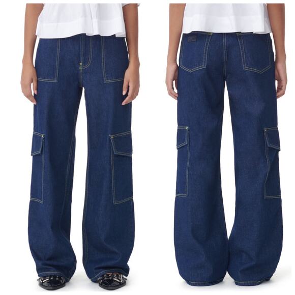 NEW Ganni Angi Wide Leg Cargo Jeans Rinse Denim - Picture 1 of 13